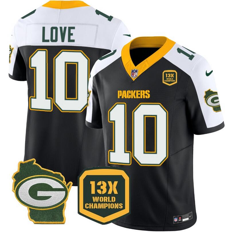 Men's Green Bay Packers #10 Jordan Love Black/White 2023 F.U.S.E. Home Patch 13 Time World Champions Vapor Untouchable Limited Football Stitched Jersey